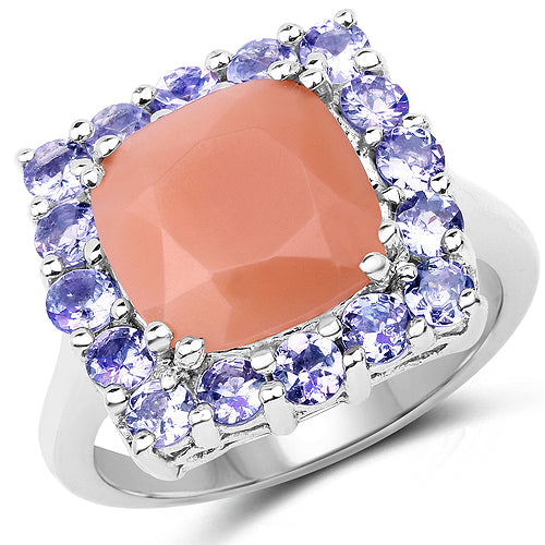 6.70 Carat Genuine Peach Moonstone and Tanzanite .925 Sterling Silver Ring on sale at MyriadMart