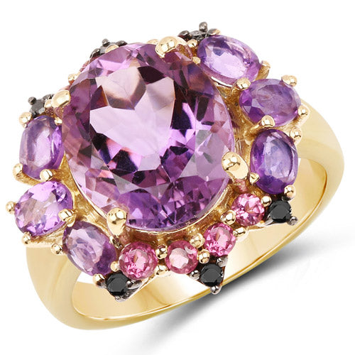 14K Yellow Gold Plated 5.25 Carat Genuine Amethyst, Rhodolite and Blue Diamond .925 Sterling Silver Ring on sale at MyriadMart