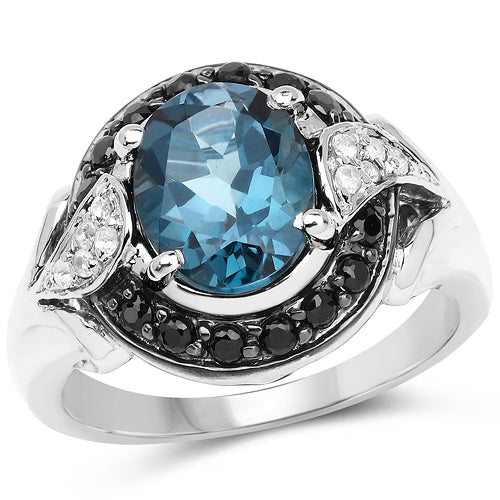 4.27 Carat Genuine London Blue Topaz, Black Spinel & White Topaz .925 Sterling Silver Ring on sale at MyriadMart