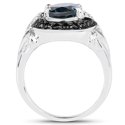 4.27 Carat Genuine London Blue Topaz, Black Spinel & White Topaz .925 Sterling Silver Ring on sale at MyriadMart