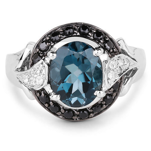 4.27 Carat Genuine London Blue Topaz, Black Spinel & White Topaz .925 Sterling Silver Ring on sale at MyriadMart