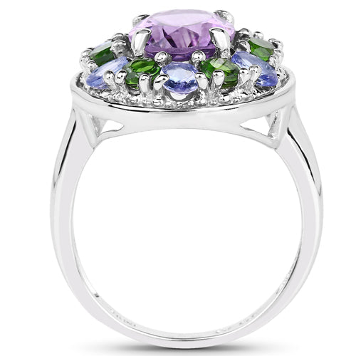 3.89 Carat Genuine Amethyst, Tanzanite & Chrome Diopside .925 Sterling Silver Ring on sale at MyriadMart