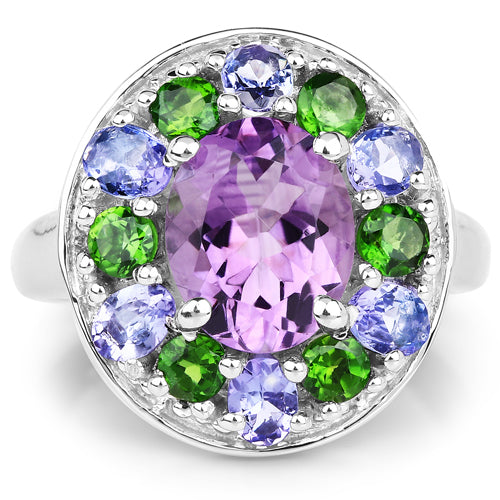 3.89 Carat Genuine Amethyst, Tanzanite & Chrome Diopside .925 Sterling Silver Ring on sale at MyriadMart
