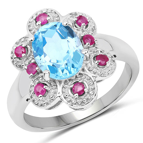 2.28 Carat Genuine Swiss Blue Topaz and Ruby .925 Sterling Silver Ring on sale at MyriadMart
