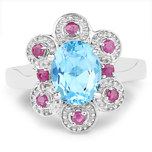 2.28 Carat Genuine Swiss Blue Topaz and Ruby .925 Sterling Silver Ring on sale at MyriadMart