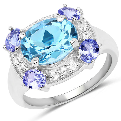 4.13 Carat Genuine Swiss Blue Topaz, Tanzanite & White Topaz .925 Sterling Silver Ring on sale at MyriadMart
