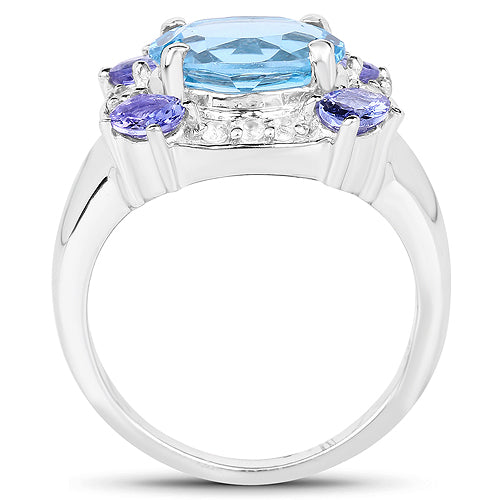 4.13 Carat Genuine Swiss Blue Topaz, Tanzanite & White Topaz .925 Sterling Silver Ring on sale at MyriadMart