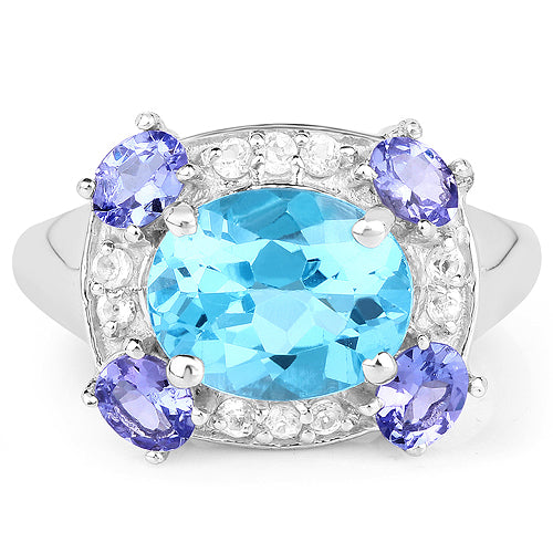 4.13 Carat Genuine Swiss Blue Topaz, Tanzanite & White Topaz .925 Sterling Silver Ring on sale at MyriadMart