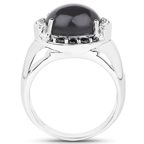 5.68 Carat Genuine Grey Moonstone & Black Spinel .925 Sterling Silver Ring on sale at MyriadMart