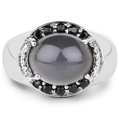 5.68 Carat Genuine Grey Moonstone & Black Spinel .925 Sterling Silver Ring on sale at MyriadMart