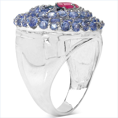 3.31 Carat Genuine London Blue Topaz , Ruby & Tanzanite .925 Sterling Silver Ring on sale at MyriadMart