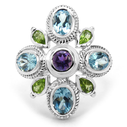 5.13 Carat Genuine Amethyst , Blue Topaz & Peridot .925 Sterling Silver Ring on sale at MyriadMart