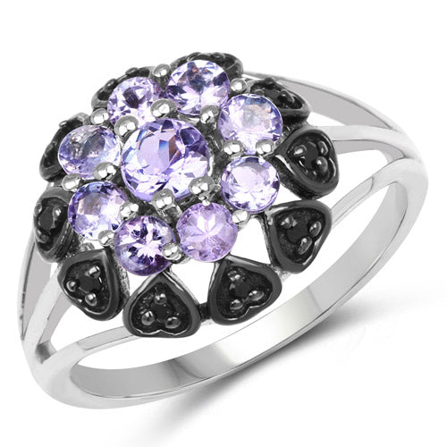 1.18 Carat Genuine Tanzanite and Black Spinel .925 Sterling Silver Ring on sale at MyriadMart