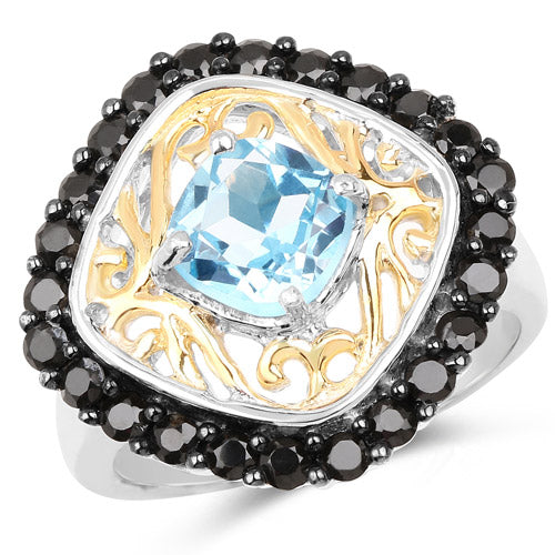 Two Tone Plated 2.85 Carat Genuine Swiss Blue Topaz and Black Spinel .925 Sterling Silver Ring on sale at MyriadMart