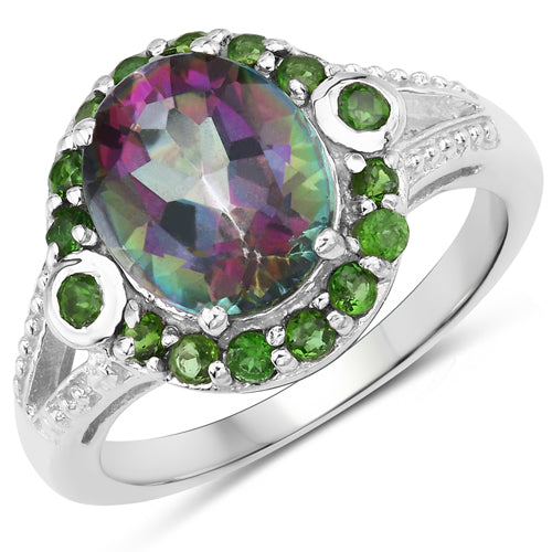 3.92 Carat Genuine Rainbow Quartz and Chrome Diopside .925 Sterling Silver Ring on sale at MyriadMart