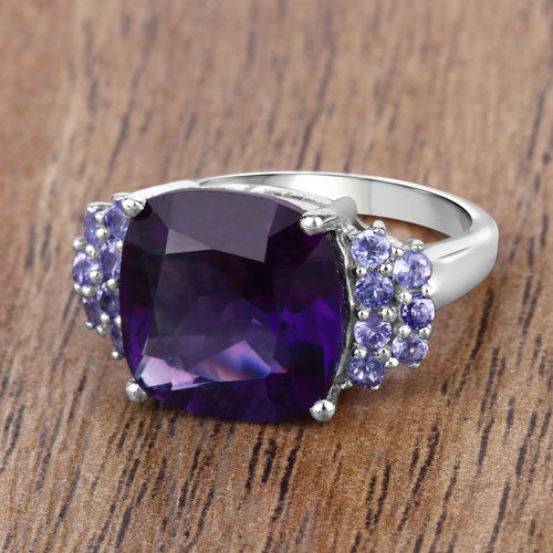 6.34 Carat Genuine Amethyst and Tanzanite .925 Sterling Silver Ring on sale at MyriadMart