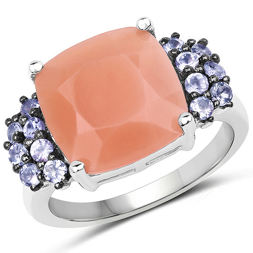 6.18 Carat Genuine Peach Moonstone and Tanzanite .925 Sterling Silver Ring on sale at MyriadMart