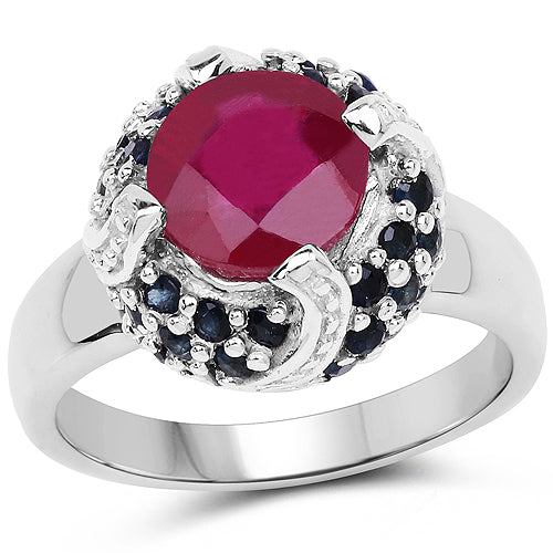 3.70 Carat Glass Filled Ruby and Blue Sapphire .925 Sterling Silver Ring on sale at MyriadMart