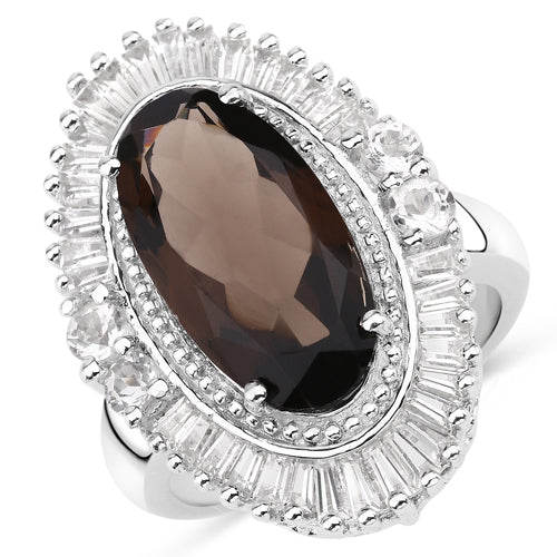8.12 Carat Genuine Smoky Quartz and White Topaz .925 Sterling Silver Ring on sale at MyriadMart