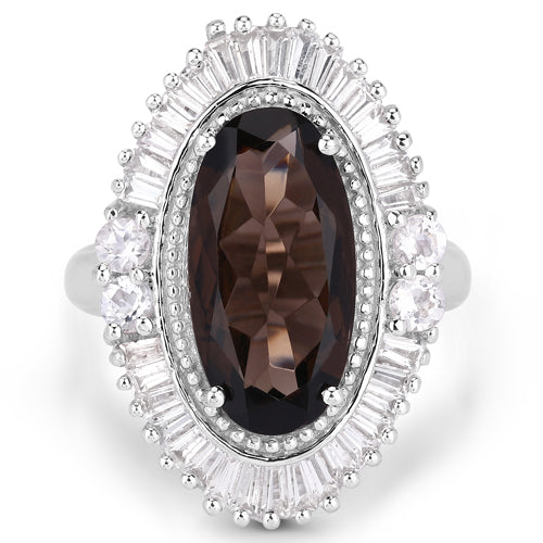 8.12 Carat Genuine Smoky Quartz and White Topaz .925 Sterling Silver Ring on sale at MyriadMart
