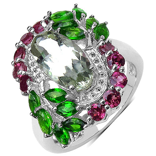 3.64 Carat Genuine Green Amethyst, Chrome Diopside and Rhodolite .925 Sterling Silver Ring on sale at MyriadMart