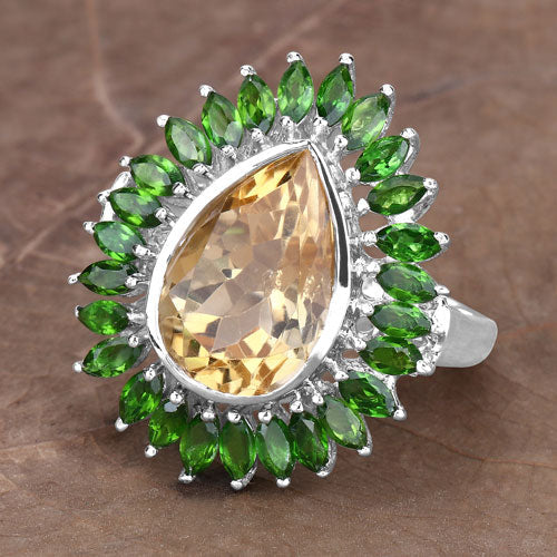 7.02 Carat Genuine Citrine and Chrome Diopside .925 Sterling Silver Ring on sale at MyriadMart