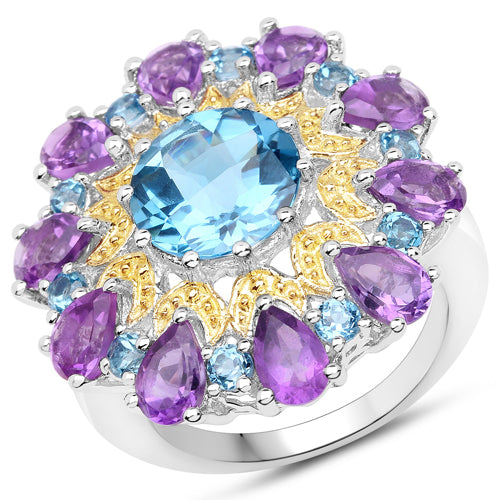 8.86 Carat Genuine London Blue Topaz and Amethyst .925 Sterling Silver Ring on sale at MyriadMart
