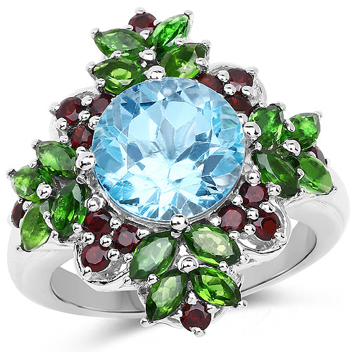 5.76 Carat Genuine Blue Topaz, Chrome Diopside & Garnet .925 Sterling Silver Ring on sale at MyriadMart