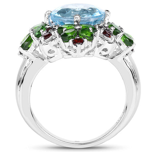 5.76 Carat Genuine Blue Topaz, Chrome Diopside & Garnet .925 Sterling Silver Ring on sale at MyriadMart