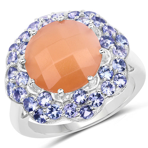 7.20 Carat Genuine Peach Moonstone and Tanzanite .925 Sterling Silver Ring on sale at MyriadMart