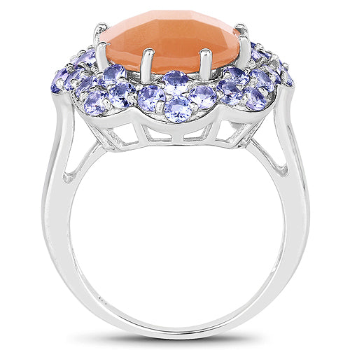7.20 Carat Genuine Peach Moonstone and Tanzanite .925 Sterling Silver Ring on sale at MyriadMart