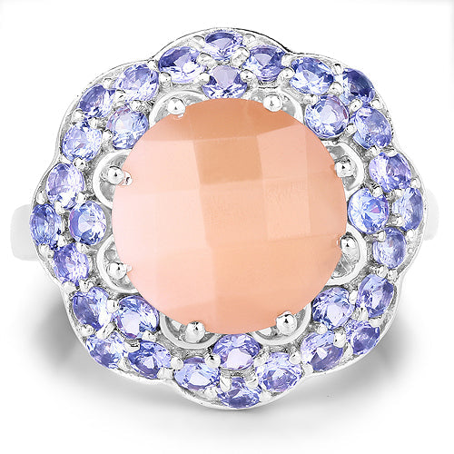 7.20 Carat Genuine Peach Moonstone and Tanzanite .925 Sterling Silver Ring on sale at MyriadMart