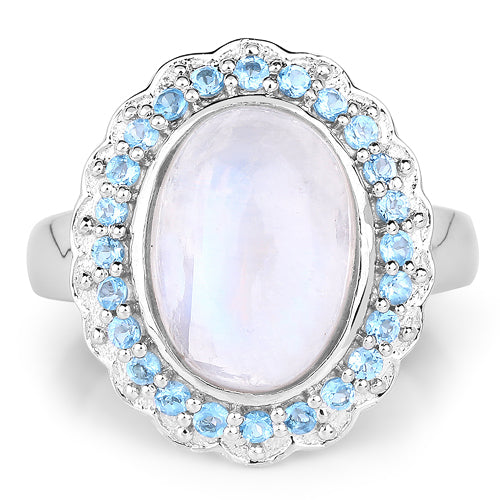 7.21 Carat Genuine White Rainbow Moonstone & Swiss Blue Topaz .925 Sterling Silver Ring on sale at MyriadMart