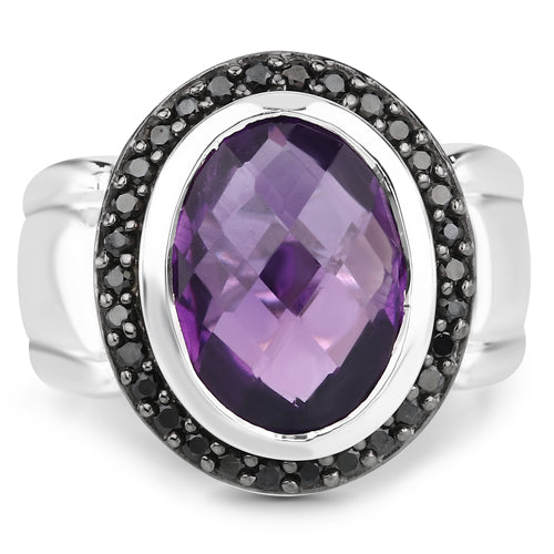 5.35 Carat Genuine Amethyst and Black Spinel .925 Sterling Silver Ring on sale at MyriadMart