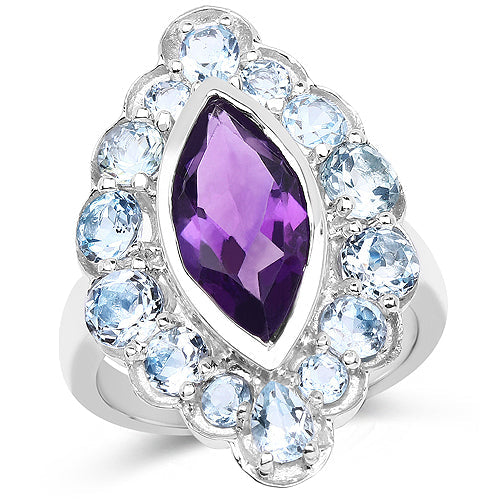 5.30 Carat Genuine Amethyst and Blue Topaz .925 Sterling Silver Ring on sale at MyriadMart