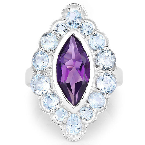 5.30 Carat Genuine Amethyst and Blue Topaz .925 Sterling Silver Ring on sale at MyriadMart