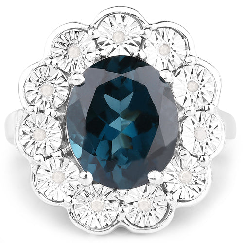 5.11 Carat Genuine London Blue Topaz and White Diamond .925 Sterling Silver Ring on sale at MyriadMart
