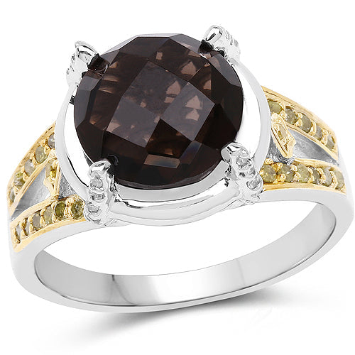 3.28 Carat Genuine Smoky Quartz, Yellow Diamond & White Diamond .925 Sterling Silver Ring on sale at MyriadMart