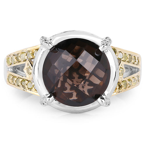 3.28 Carat Genuine Smoky Quartz, Yellow Diamond & White Diamond .925 Sterling Silver Ring on sale at MyriadMart