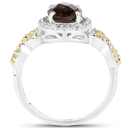 1.90 Carat Genuine Smoky Quartz, Yellow Diamond & White Diamond .925 Sterling Silver Ring on sale at MyriadMart