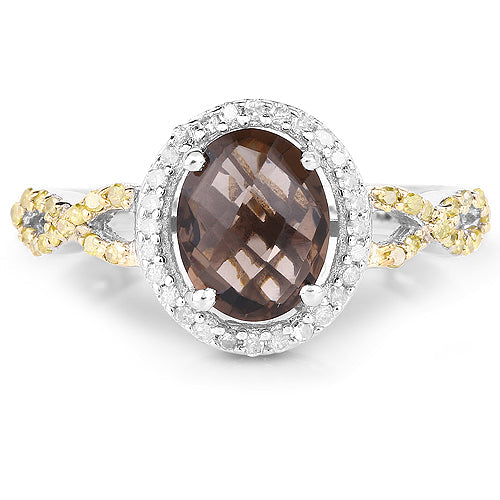 1.90 Carat Genuine Smoky Quartz, Yellow Diamond & White Diamond .925 Sterling Silver Ring on sale at MyriadMart