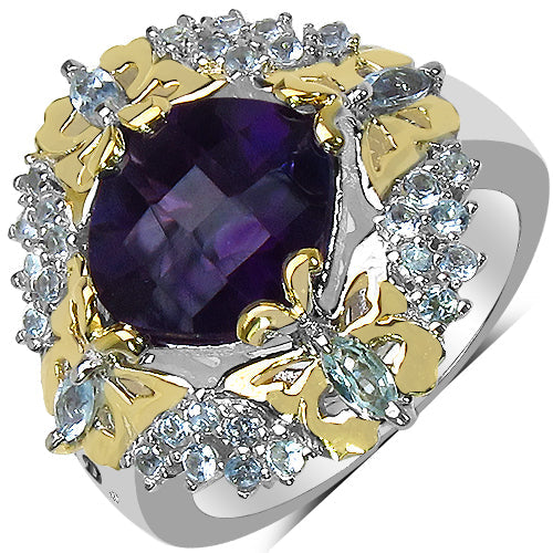 3.91 Carat Genuine Amethyst, Blue Topaz & White Diamond .925 Sterling Silver Ring on sale at MyriadMart