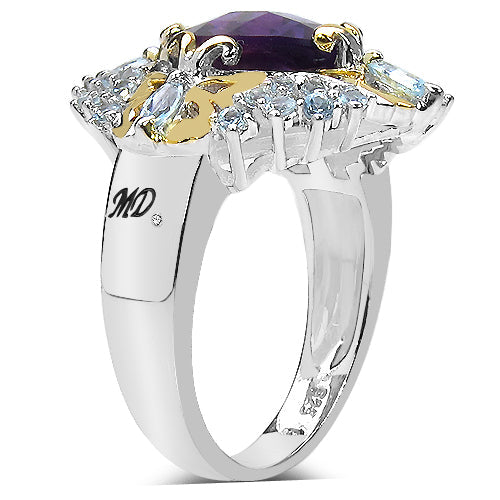 3.91 Carat Genuine Amethyst, Blue Topaz & White Diamond .925 Sterling Silver Ring on sale at MyriadMart