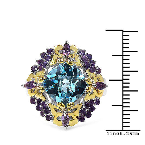 5.66 Carat Genuine Blue Topaz, Amethyst & White Diamond .925 Sterling Silver Ring on sale at MyriadMart