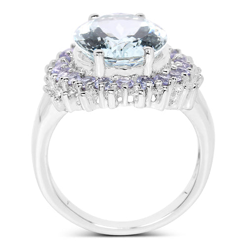 5.30 Carat Genuine Aquamarine, Tanzanite & White Topaz .925 Sterling Silver Ring on sale at MyriadMart