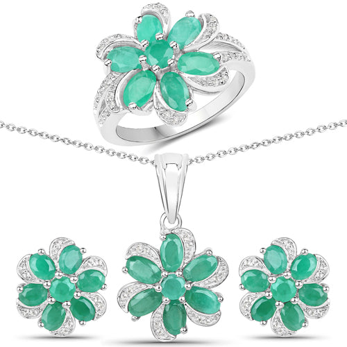 7.84 Carat Genuine Emerald and White Topaz .925 Sterling Silver 3 Piece Jewelry Set Ring, Earrings, and Pendant w/ Chain on sale at MyriadMart