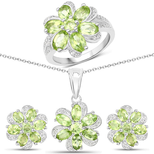 8.04 Carat Genuine Peridot and White Topaz .925 Sterling Silver 3 Piece Jewelry Set Ring, Earrings, and Pendant w/ Chain on sale at MyriadMart