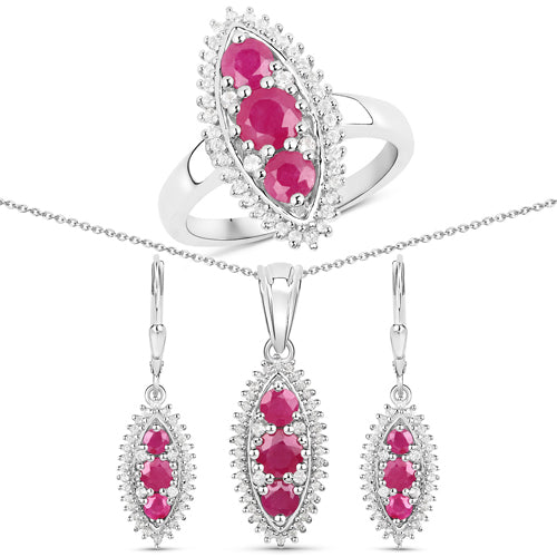 4.32 Carat Genuine Ruby and White Topaz .925 Sterling Silver 3 Piece Jewelry Set Ring, Earrings, and Pendant w/ Chain on sale at MyriadMart