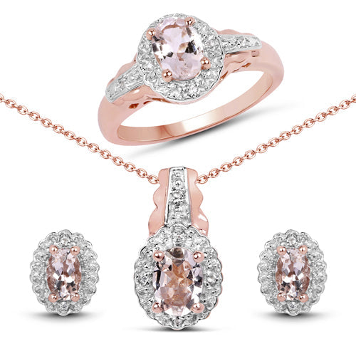 2.28 Carat Genuine Morganite and White Topaz .925 Sterling Silver 3 Piece Jewelry Set Ring, Earrings, and Pendant w/ Chain on sale at MyriadMart