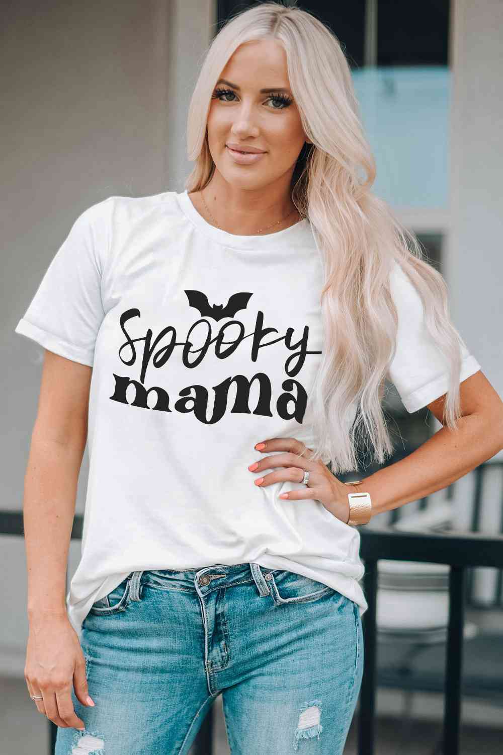 Round Neck Short Sleeve SPOOKY MAMA Graphic T-Shirt, MyriadMart
